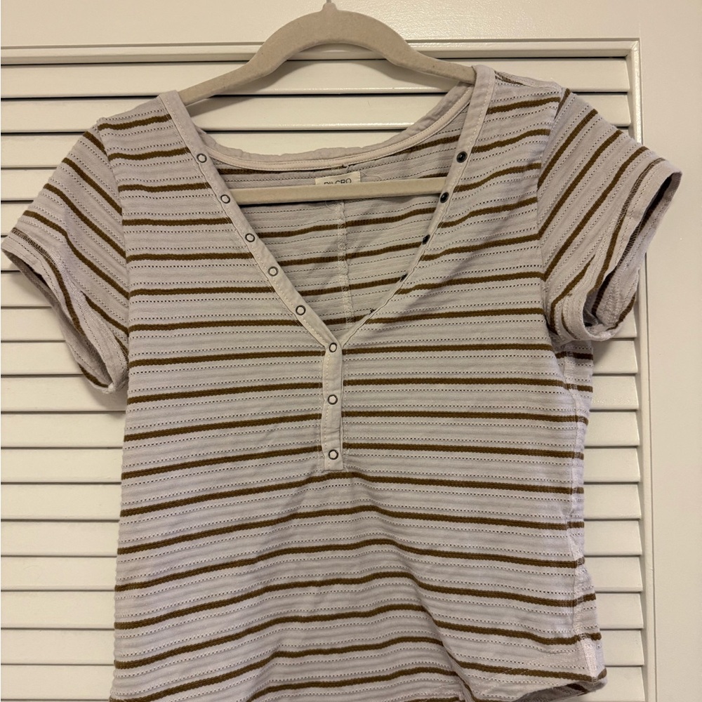 Pilcro White and Brown Striped Short Sleeve Henley Top